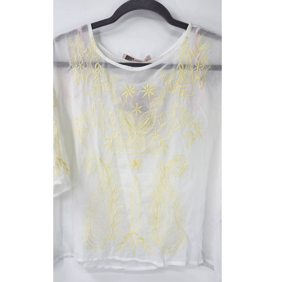 New NWT Sheer Boho Floral Embroidered Beachy Top Medium White Yellow - Picture 5 of 6